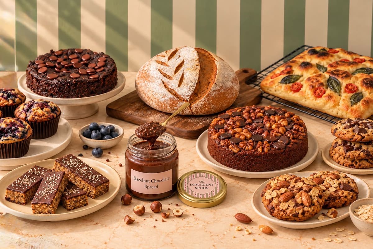 The Indulgent Spoon artisanal bakery spread with handcrafted sourdough, hazelnut chocolate spread, cakes and cookies